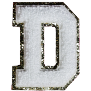 Letter D White Chenille Iron On Gold Glitter Letter Patches