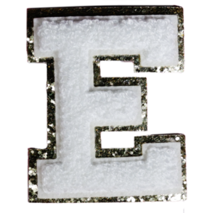 Letter E White Chenille Iron On Gold Glitter Letter Patches