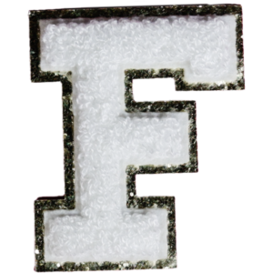 Letter F White Chenille Iron On Gold Glitter Letter Patches