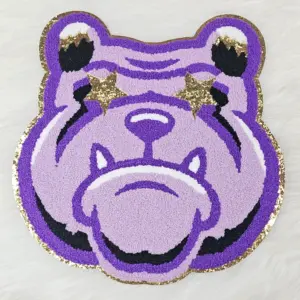 Purple Bulldog Mascot with Star Eyes Large Chenille Iron-on Patch