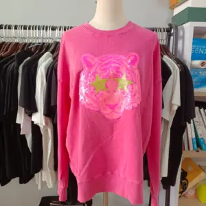 Hot Pink Tiger Mascot Sewn on Sequin Acid Wash Crew by Pretty Preppy Co