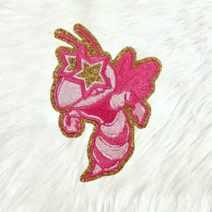 Small Hot Pink Hornet Bee Gold Glitter Mascot with Star Eyes Embroidery Iron On Patch