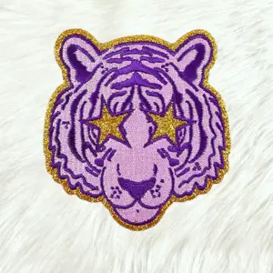 Small Purple Tiger Gold Glitter Mascot with Star Eyes Embroidery Iron On Patch