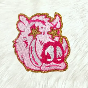 Small Razorback Hawg Gold Glitter Mascot with Star Eyes Embroidery Iron On Patch