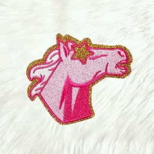 Small Hot Pink Mustang Horse Bronc Mascot with Star Eyes Chenille Iron-on Patch