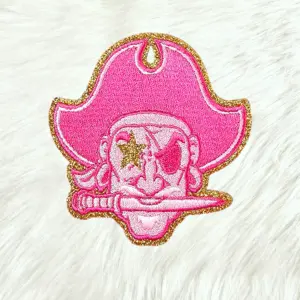 Small Hot Pink Pirate Marauder Gold Glitter Mascot with Star Eyes Embroidery Iron On Patch