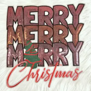 Merry Merry Merry Christmas Sequin on White Felt Iron-on Patch
