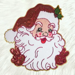 Peace Retro Santa Sequin on Gold Glitter Large Iron On Patch