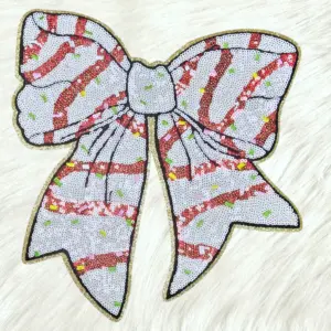 Little Deb Red Christmas Bow Sequin Iron Patch with Gold Glitter