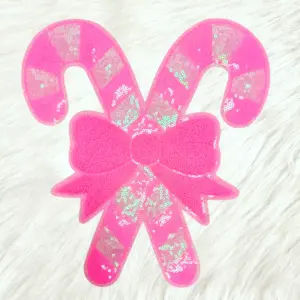 Pink Candy Cane Sequin Chenille Bow Pink Glitter Iron On Patch