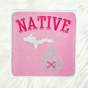 Michigan Native Pink Bow Embroidery Iron On Patch